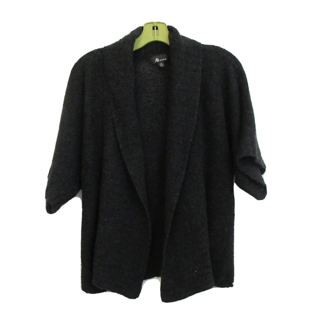 AB Studio Cardigan Sweater Size M Open Front Black Short Sleeve Fold Over Collar